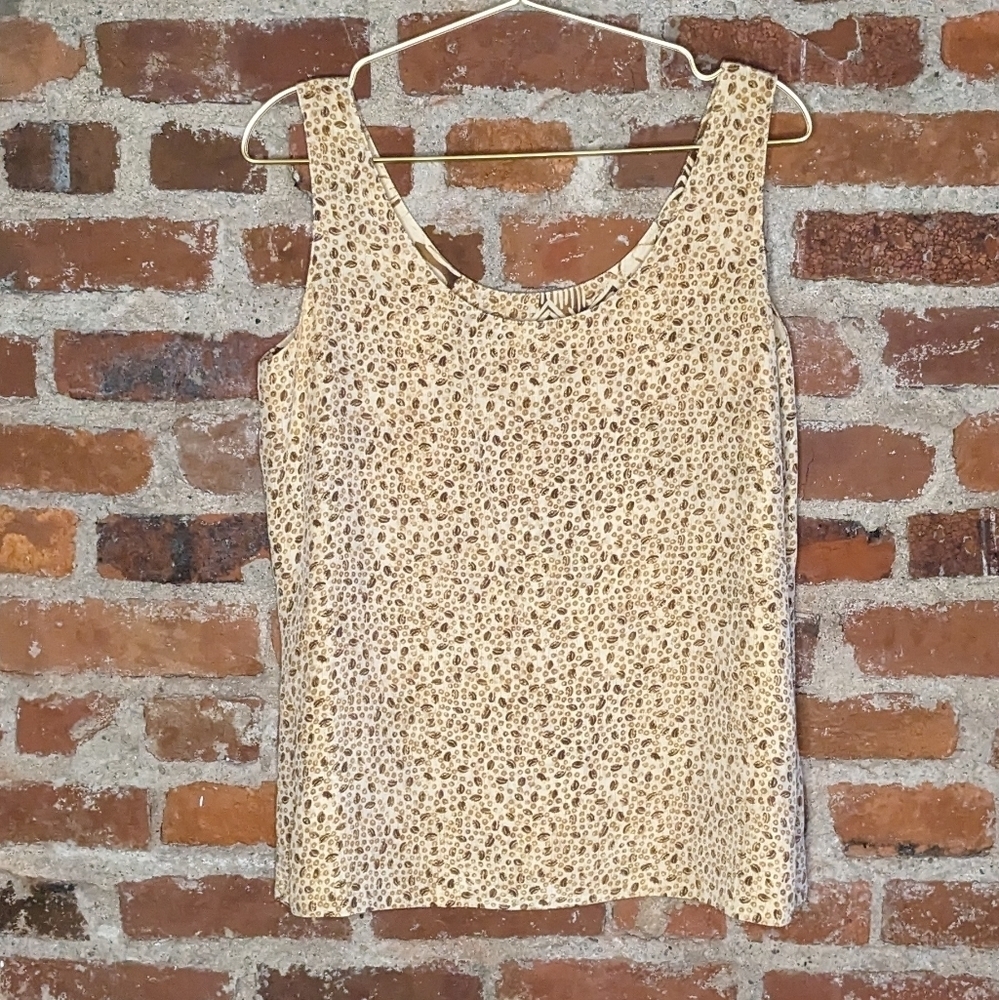 100% Silk Size 8 Tan & Cream Coffee Bean Bohemian Tank Top